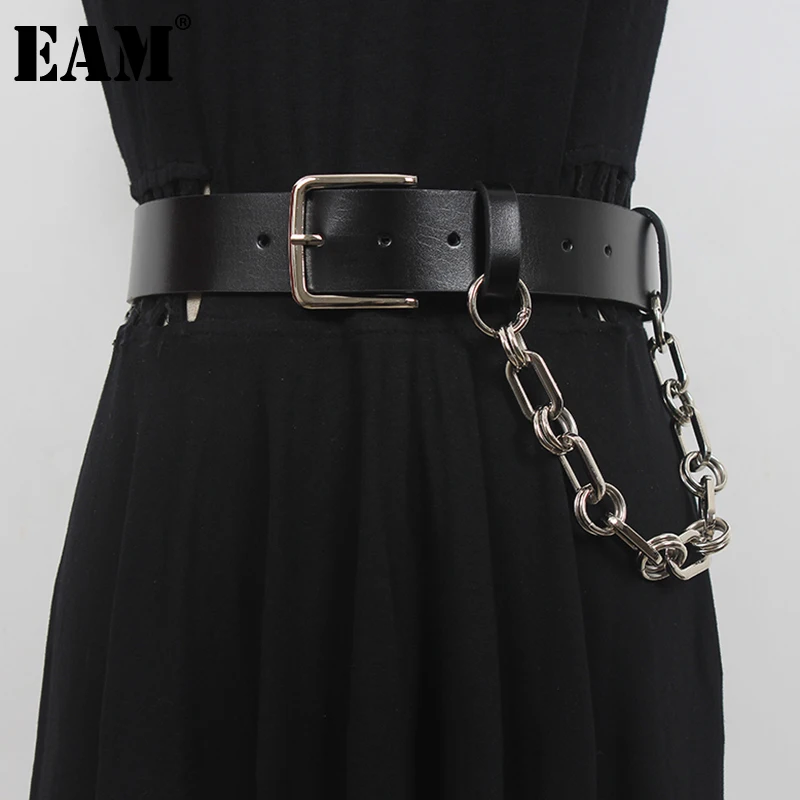 [EAM]  Pu Leather Black Metal Chain Long Wide Belt Personality Women New Fashion Tide All-match Spring Autumn 2023 1DE4617