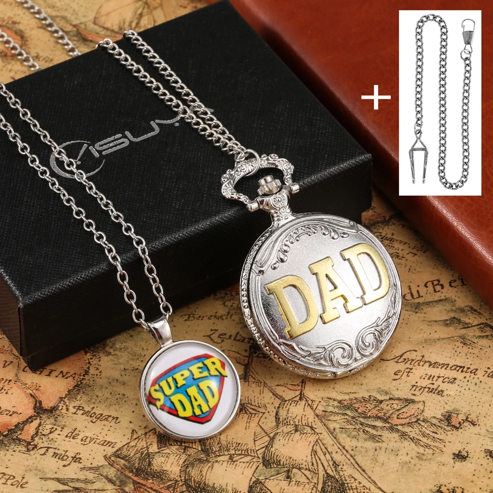 Silver Quartz Pocket Watch Retro DAD Engraving Pocket Watch with Chain Pendant Necklace Father's Day Gift Reloj De Bolsillo