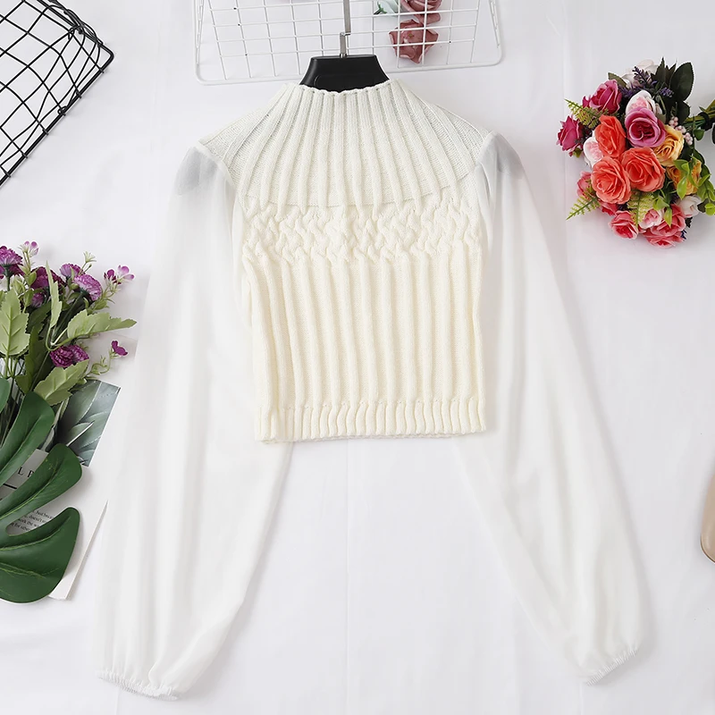 

2022 Spring Casual Lantern Sleeve Chiffon Sleeve Stretchy Shirts Fashion Pit Knitting Slim Elastic Top Women Blouse