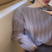 pleated design sense pullover shirt o neck female korean version of pleated long sleeved 2021 autumn spring chic solid color top