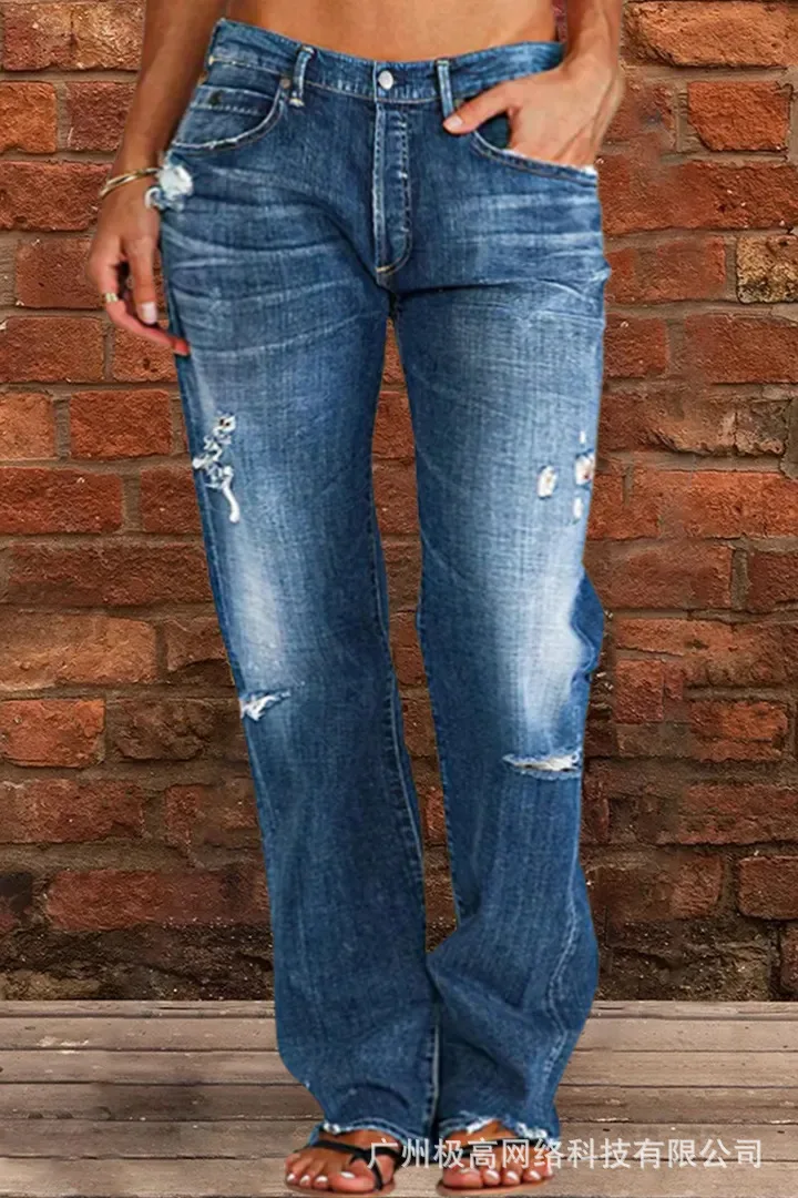 

Ripped Low Waist Straight Leg Jeans Women Spring Summer Denim Pants Jeans Trousers Bleached Sexy Fashion Casual