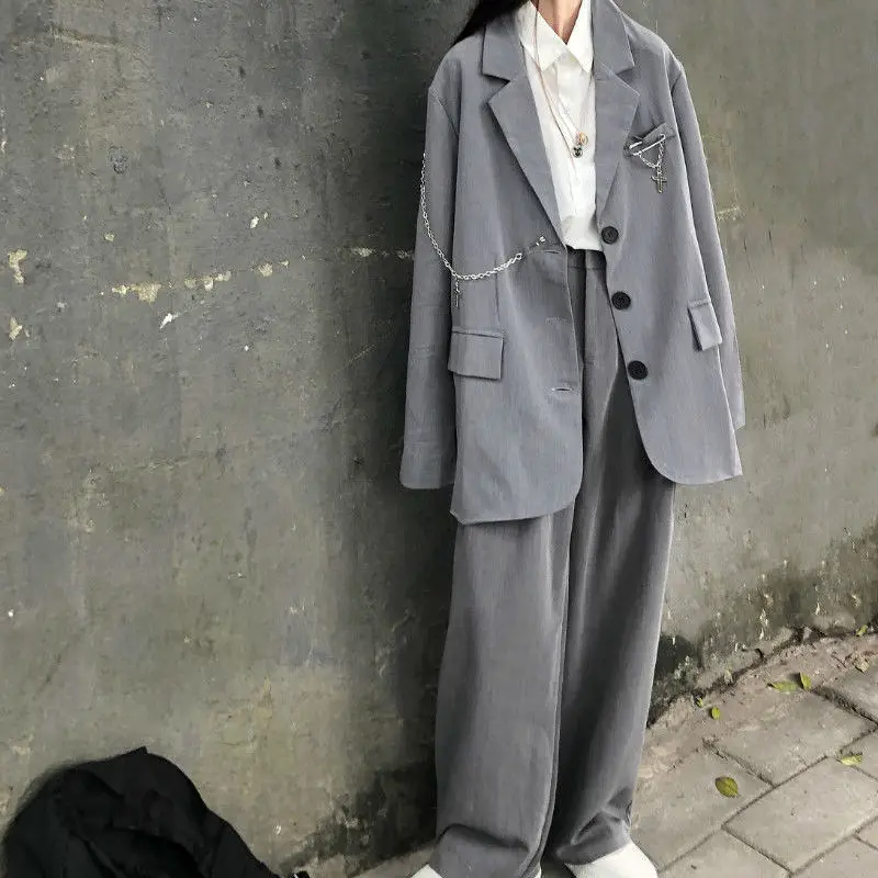 

Blazer Pants Set Harajuku Style Loose Suit Jacket Wide-leg Pants High-waisted Pants Mopping Trendy Couple Suit Women Blazers