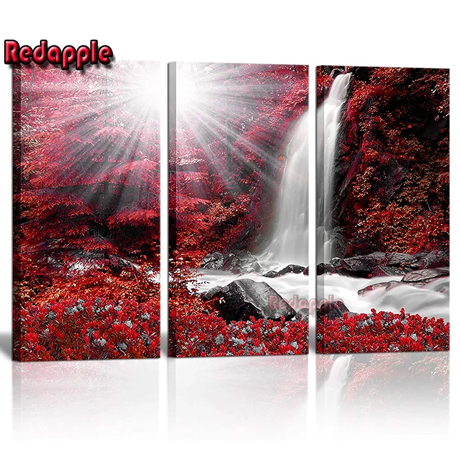 

DIY 5D Diamond Painting, Red Trees, Forest, Sunshine, Waterfall Embroidery, Cross Stitch, Full Square, Round Drill, Mosaic Decor