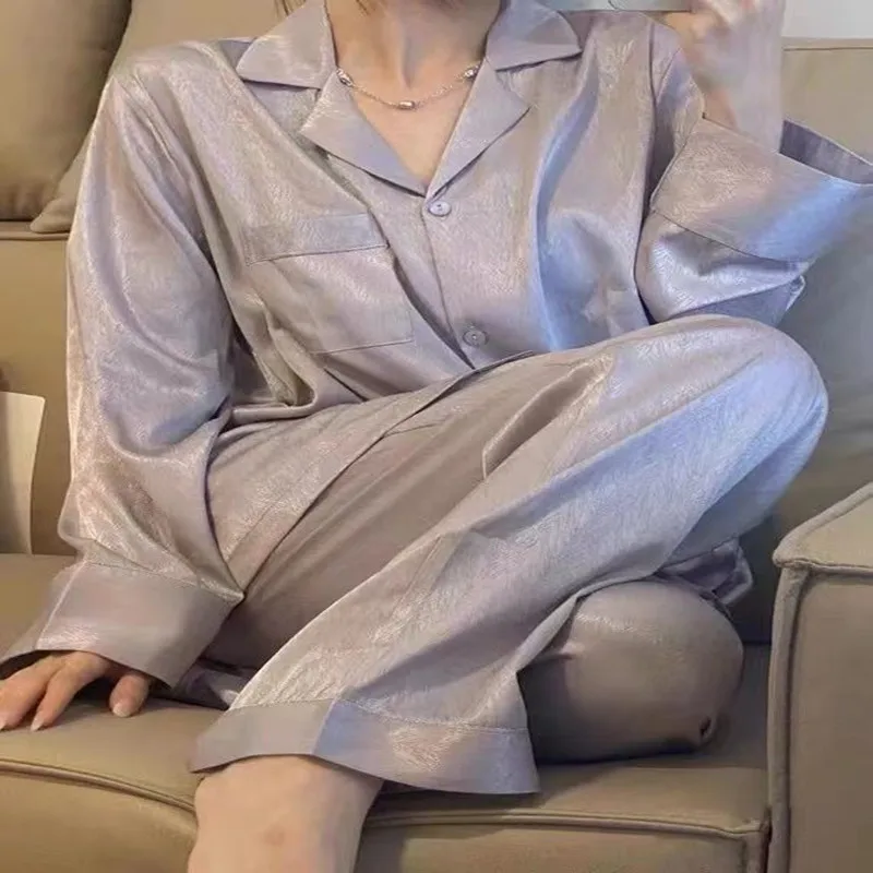 1 Ice Silk Pajamas Women Spring and Autumn Long Sleeve Thin Relaxed Simple Homewear Women Silk Outwear Set Summer