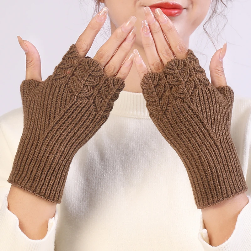 

Winter Jacquard Knitted Wool Half Finger Women Driving Mittens Korean New Solid Color Keep Warm Girl Gloves for Cycling Outdoor