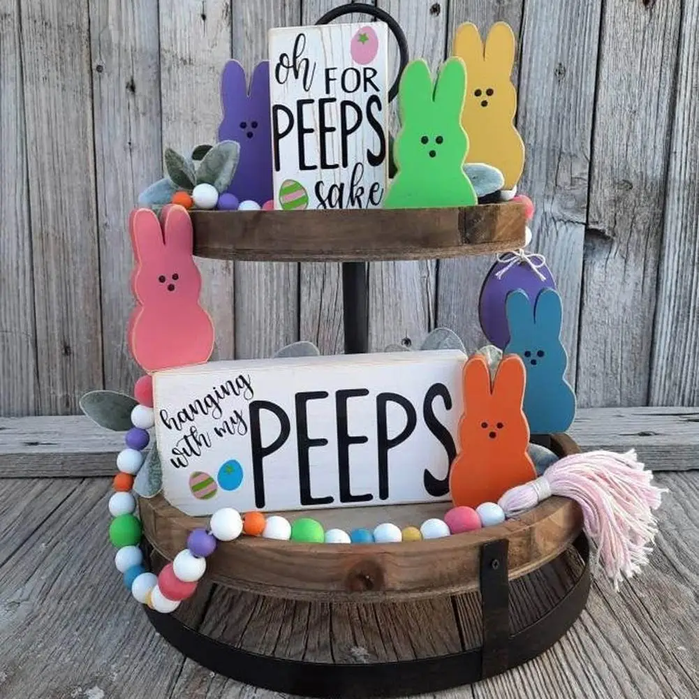 

Пасхальные деревянные украшения с милым рисунком кролика, демисезонное пасхальное украшение для многоярусного подноса, Настольная полка ...
