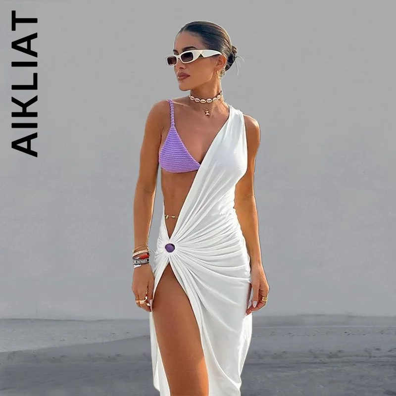 

Aikliat Women New Hollow Out Midi Beach Dress White One Shoulder Sleeveless Dress Slim Female Vestidos Dress Woman