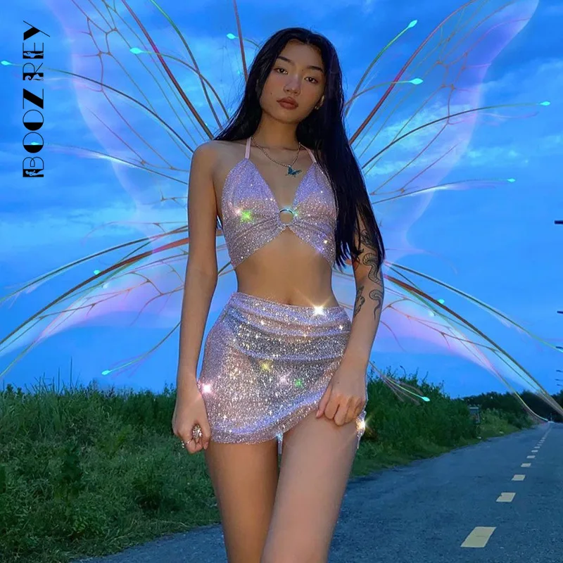 

BoozRey Grunge Fairy Two Piece Skirt Suit Women Goth Pink Glitter Sexy Club Party Halter Clothing Summer Girl Y2k Matching Set