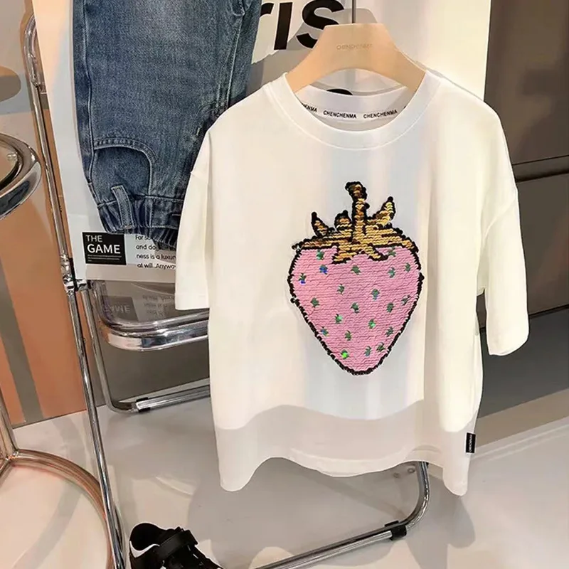 MILA CHOU 2022 Summer Baby Girls Cotton Change Colour Strawberry T-shirt Children Casual Short-sleeve O-neck Tee Kids Clothes