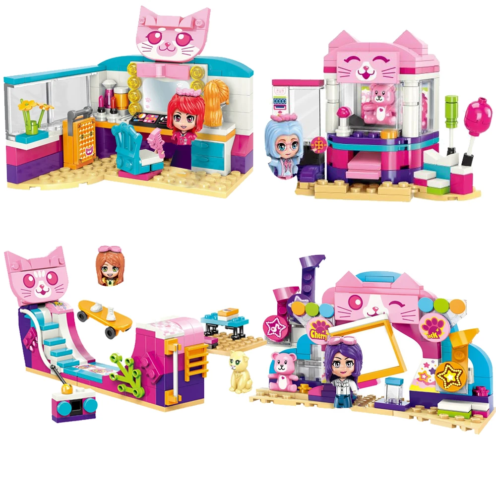 

Enlighten Friends Girls Magic Cat Music Party Dressing Room Claw Machine Photo Wall Skatepark Building Blocks Bricks Kids Toys