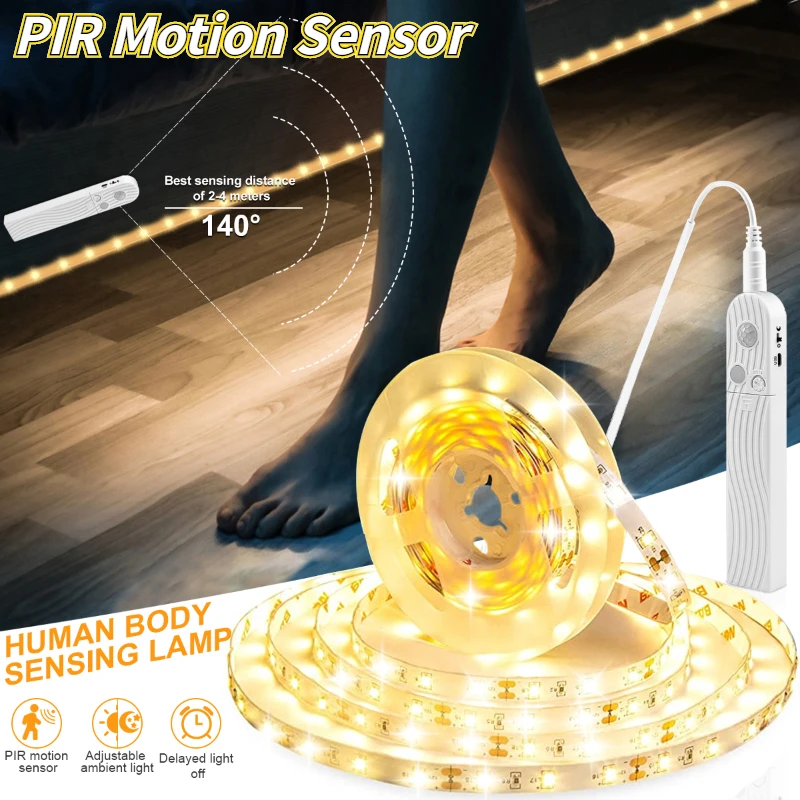 

LED Strip Light PIR Motion Sensor Led Light Tape Battery Flexible Strip Light Bedroom 5V Kitchen Cabinet Closet Night Lights