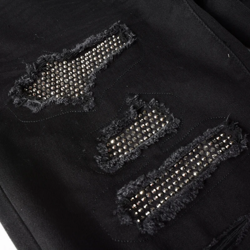 Street Fashion Men Jeans Black Elastic Stretch Hole Skinny Ripped Jeans Men Beading Patched Designer Hip Hop Brand Pants Hombre