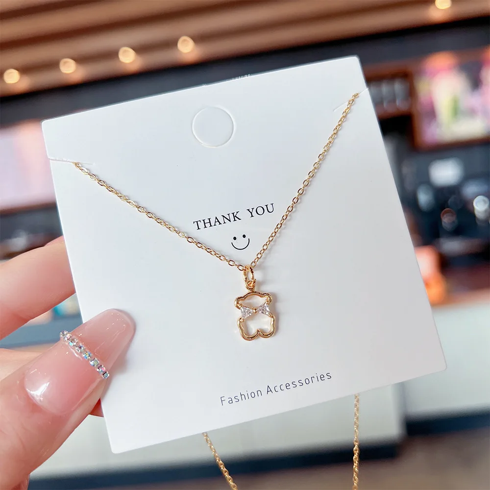 Bow Hollow Bear Zircon Bowknot Nimble Lucky Love Heart Mother's Day Pendant Necklace Woman Girl Wedding Blessing Jewelry