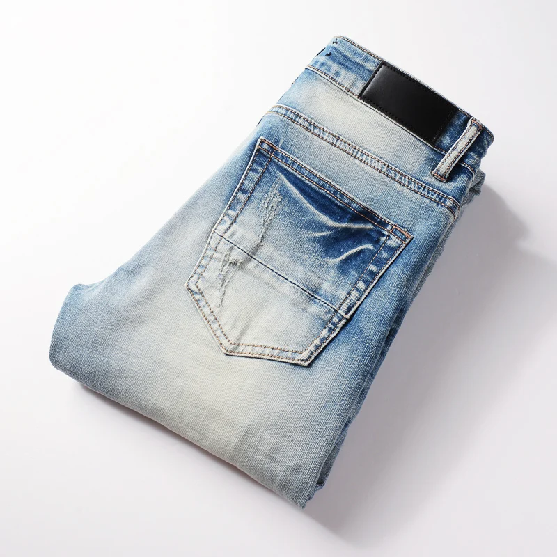 High Street Fashion Men Jeans Retro Light Blue Stretch Skinny Fit Ripped Jeans Men Leather Patched Designer Hip Hop Brand Pants