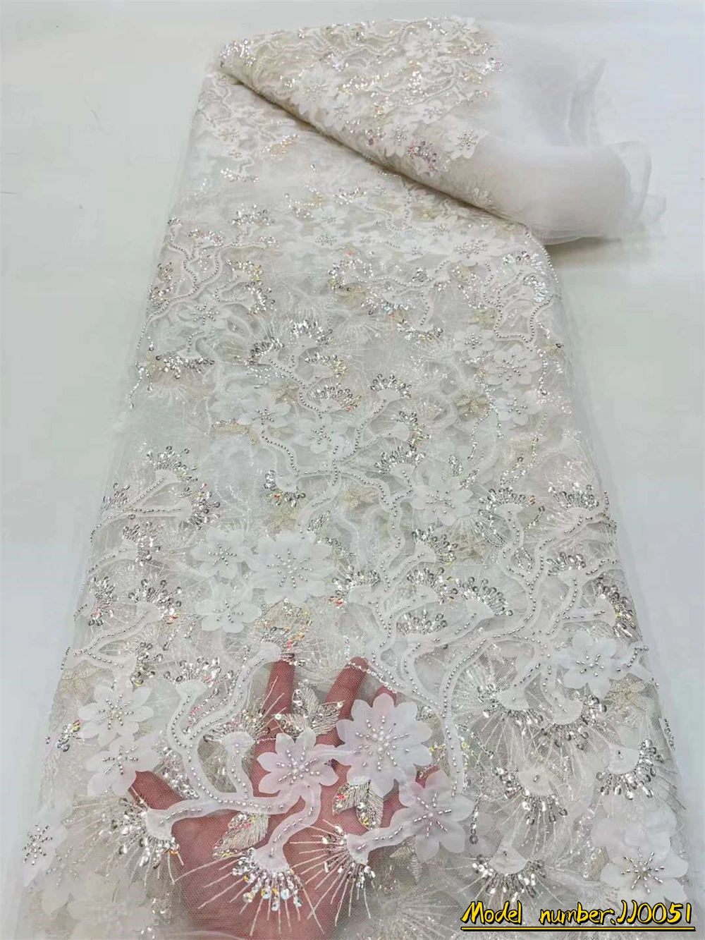 

African Sequins Lace Fabric 2023 White High Quality French Nigerian Beads Lace Fabric For Sewing Dress Wedding Party JJ0051