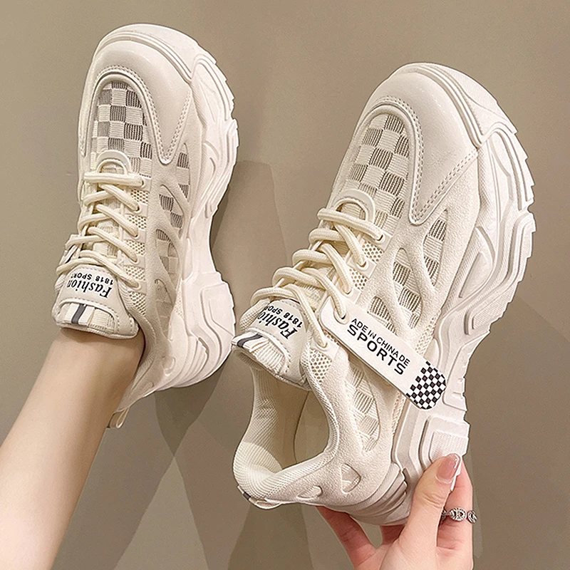 

Women's Summer Sneakers Elegant Platform Breathable Grid Female White Shoes for Women Mesh Lace-Up Designed Fashion Chunky Shoes