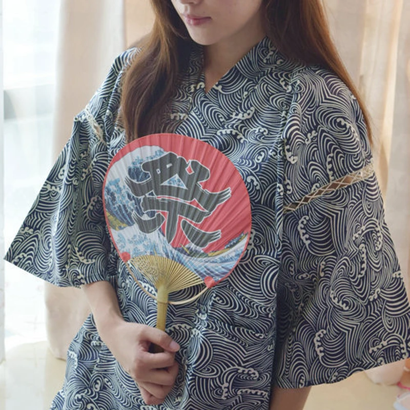 

2Pcs Japanese Women Kimono 2022 Japan Traditional Pajamas Suit Half Sleeve Cotton Wave Printed Cosplay Costumes Women's Bathrobe