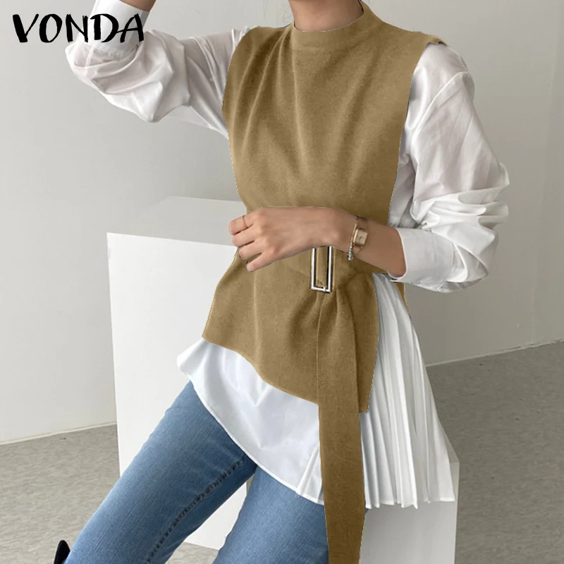 

2020 VONDA Women Blouse Two Suit Long Sleeve Tops With Belt Female Waistcoat Casual Blouse Oversized Solid Blusas Femininas