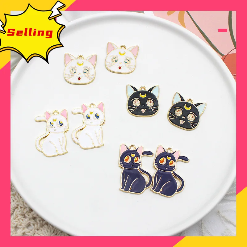 

10pcs Sailor Moon Luna Cat Alloy DIY Jewelry Accessories Earrings Pendant Black and White Cartoon Cat