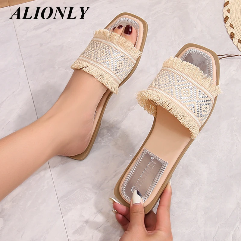 

Alionly Straw Woven Sippers Shoes For Women Summer Outer Wear Fashion 2022 New Flat Sandals Large Size Chaussure Femme