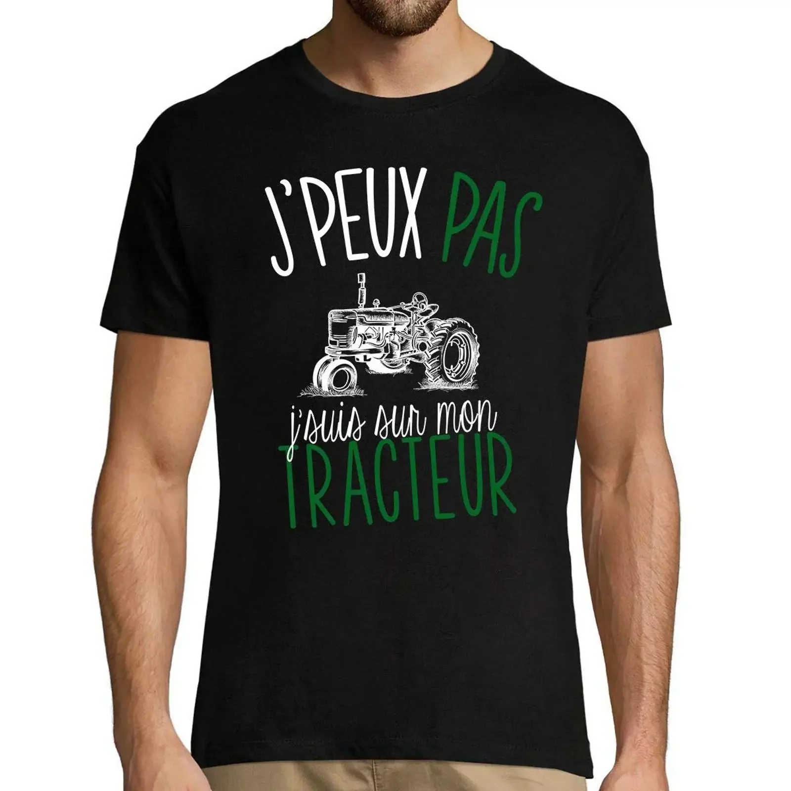 Фото Мужская футболка La Boîte à Design J'peux Pas je suis sur Mon Tracteur, юмористическая, забавная, для страстных фермеров, винтажная, с эффектом потертости. №1
