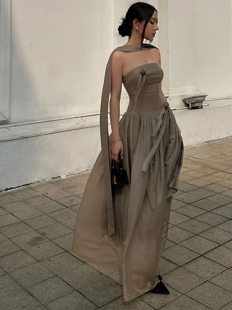French Style off-Shoulder Tube Top Dress Women's Design Sexy Hot Girl Waste Soil Style Personality Fashion Long Skirt