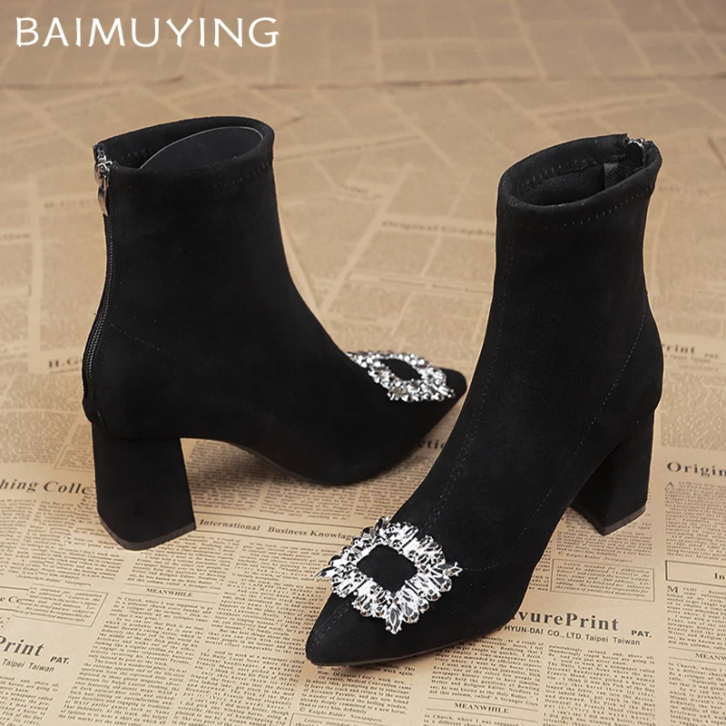 Замшевые женские ботильоны с кристаллами пикантные туфли на высоком каблуке