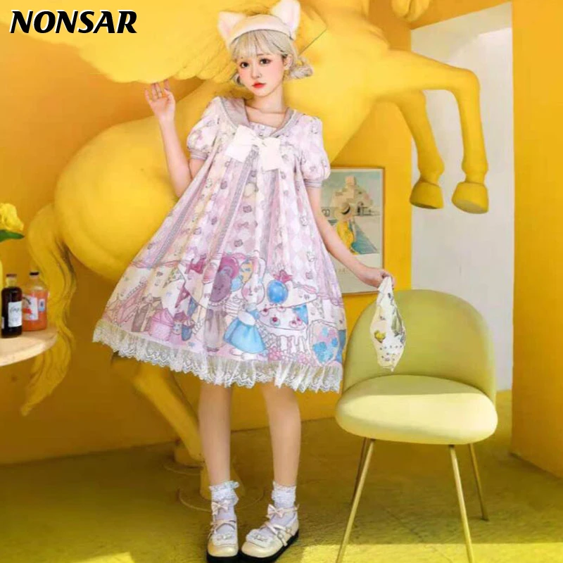 

NONSAR Lolita Birthday Party Bunny Dress Short Sleeve Op Fresh And Sweet Navy Collar Young Girl Dress