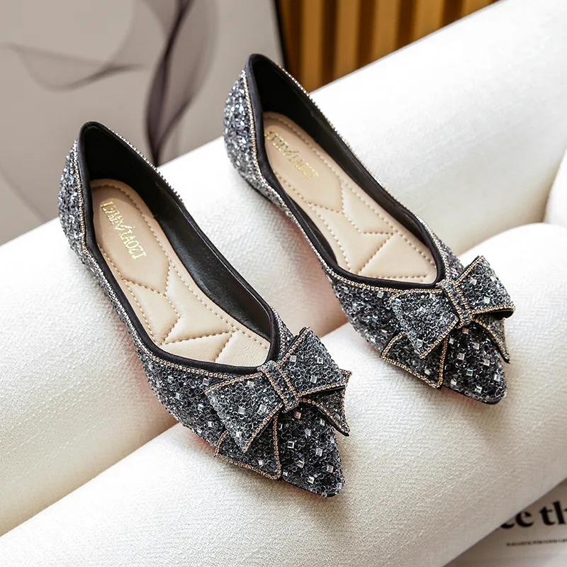 

Spring New Rhinestones Women's Ballet Flats Shoes Fashion Bowtie Pointed Toe Comfort Loafers Ladies Moccasin Boat Shoes