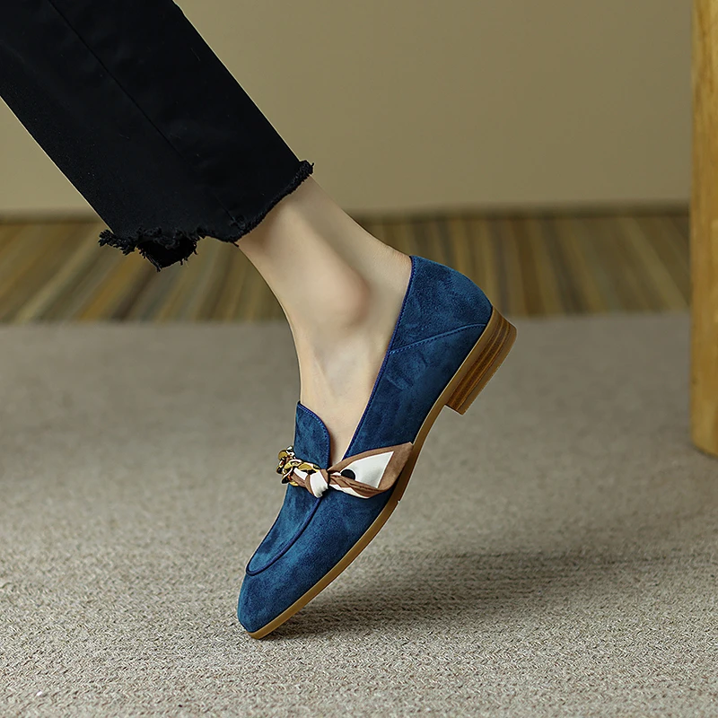 Female Muller Shoes With Chains Round Toe Handmade Ladies Daily Loafers Flat Shoes Woman Slip On Kid Suede Outdoor Flats