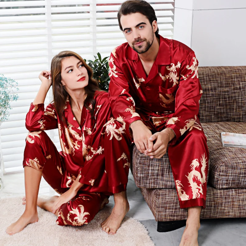 2022 Silk Couple Pajamas New Long-sleeved Suit Men and Women V-neck Silk Print Dragon and Phoenix Homewear Sleepwear