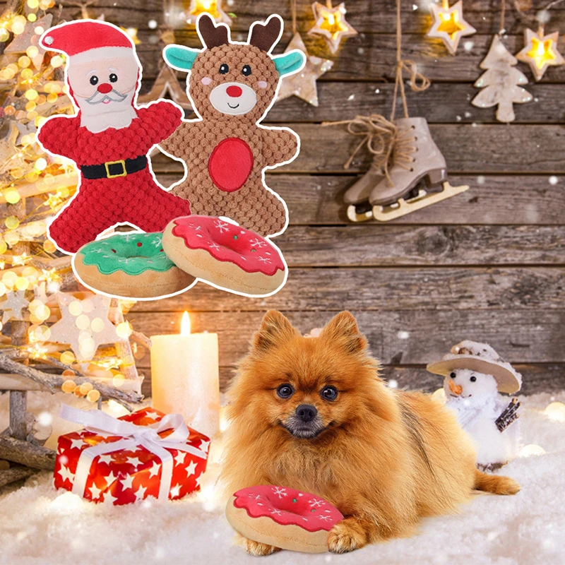 

Christmas Pet Dog Plush Noise Chewing Toy Snowman Elk Santa Donut Dog Squeak Toy Play Cute Cartoon Plush Pet Toy