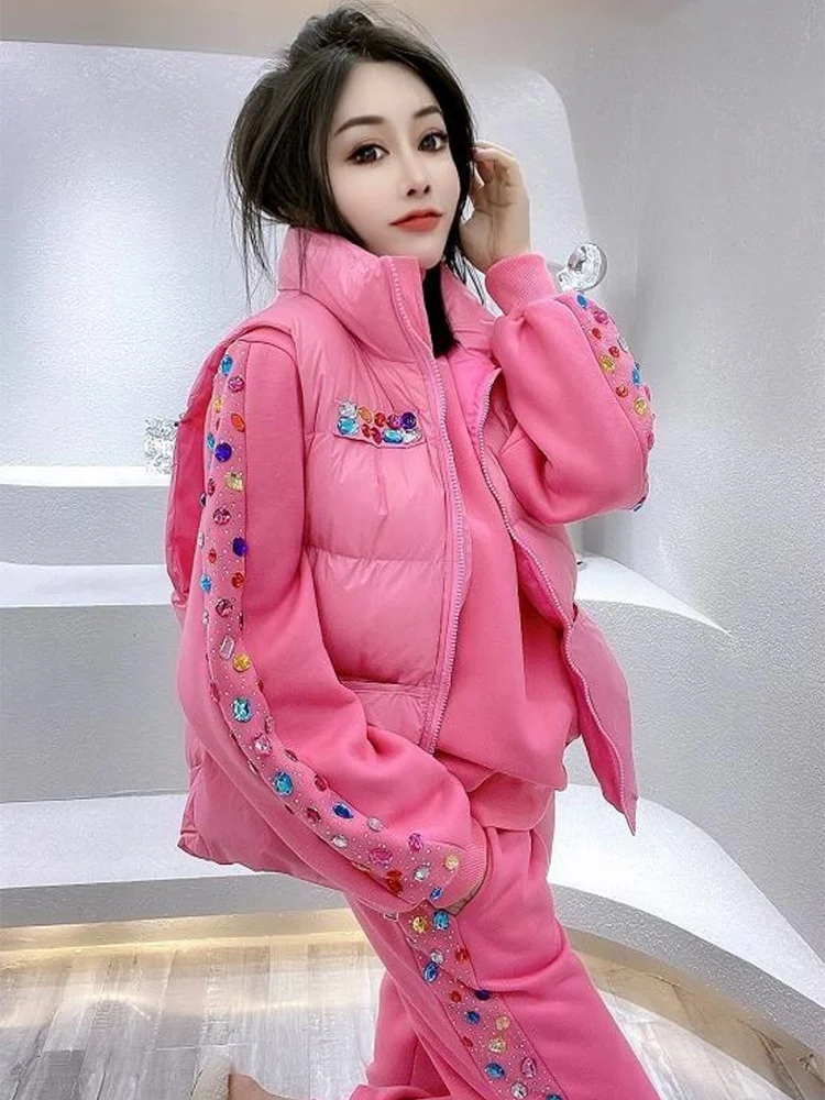 

Зима 2022 Новинка тяжелая промышленность цветной бриллиантовый плюшевый утепленный боди Женский Повседневный брючный жилет Модный Комплект...