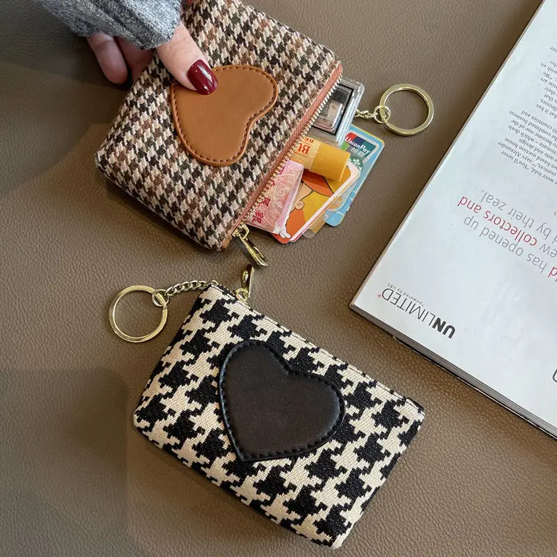 

Houndstooth Coin Purse Change Cash Bag Zipper Small Purse Wallets Women Designer Bags Luxury Canvas Purse Cute Heart Card Bag