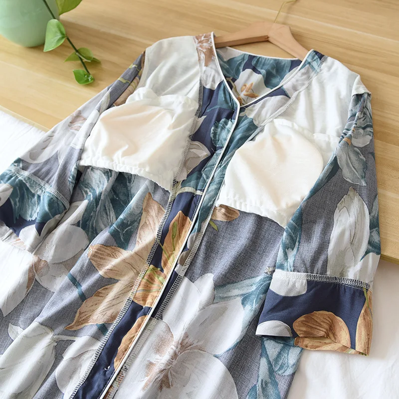 Women's Skirt Middle Sleeve Chest Pad Detachable Nightdress 100% Viscose Short Sleeve Loose Home Dress Nighty for Ladies