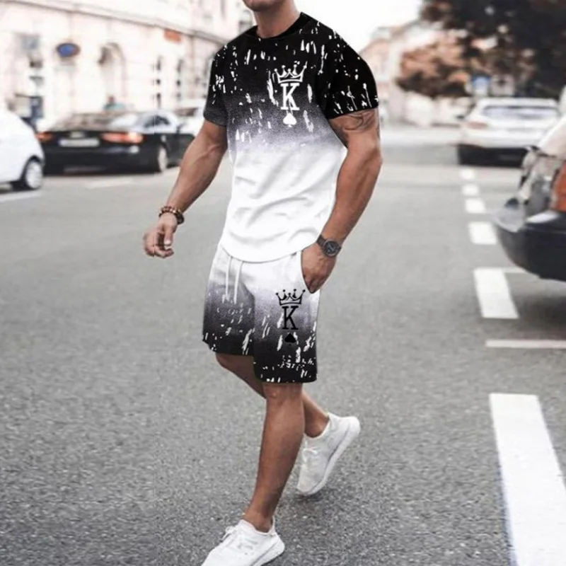 

Gradient Stripe 3d Print Summer Men Set O-neck T Shirts+Shorts 2 Piece 2023 New Short-sleeve Man Outfits Fashion Tracksuits Suit