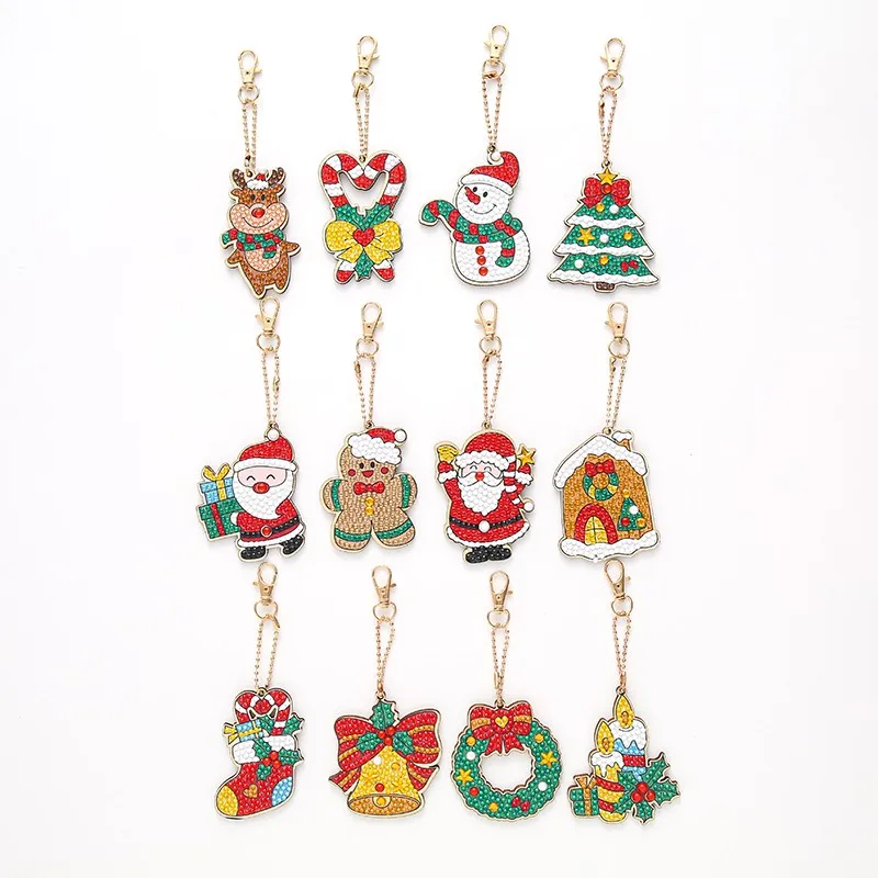 

12pcs DIY Cartoon Diamond Painting Keychain Pendant Diamond Embroidery Cross Stitch Women Bag Christmas Tree Pendant Decor