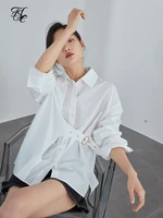 fsle fashion belt casual white blouse shirt women long sleeve spring button up shirt office lady elegant blue top female