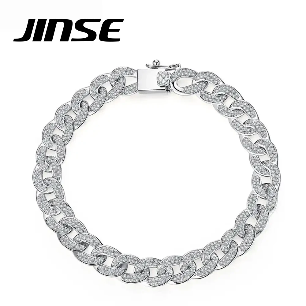 

JINSE Iced Out Paved Cubic Zirconia Link Chains Miami Silver Color Bling Charm Bracelets Men Fashion Hip Hop Party Jewelry Gifts