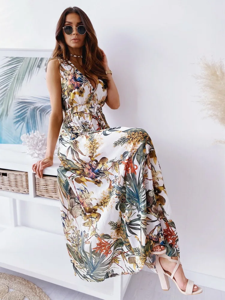 

Women Bohe Maxi Long Sundress Summer Female V Neck Backless Sleeveless Floral Print Bandage Party Dresses