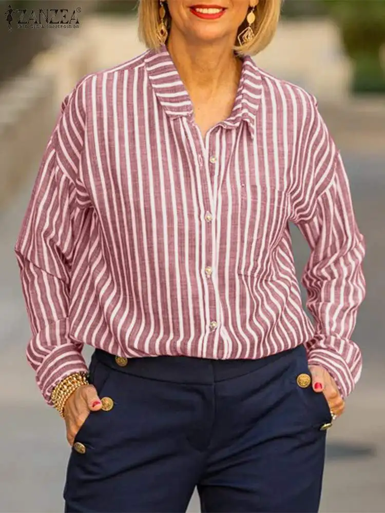 

2023 ZANZEA Fashion Women Striped Shirt Autumn Lapel Neck Long Sleeve Blouse Vintage Buttons Down Tops OL Work Blusas Chemise