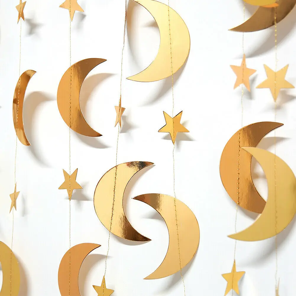 4M Paper Glitter Gold Blue Moon Star String Garland Hanging Banner Wall Party Decorations for Eid Mubarak Wedding DIY Decoration