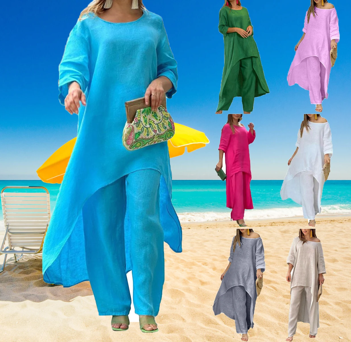 

2pcs/set Women Outfits Wide Leg Pants Cotton Linen Suit Irregular Hem Blouse Trousers Oversize Casual Round Neck Top Women 2023