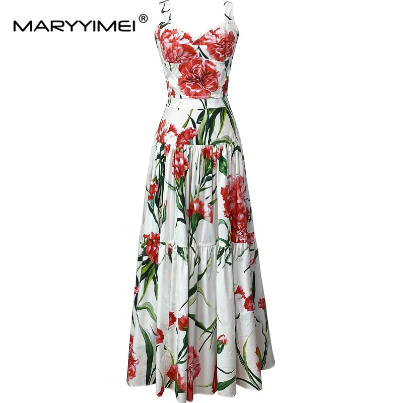 

MARYYIMEI Designer Summer Cotton Skirts Suit Women's Short Spaghetti Strap Top＋High waist Floral print Skirts Two Pieces Set