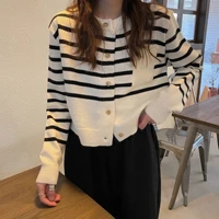 high quality striped knitted soft cardigan crew neck women autumn single breasted fashion long sleeve oversize top pull sweaters