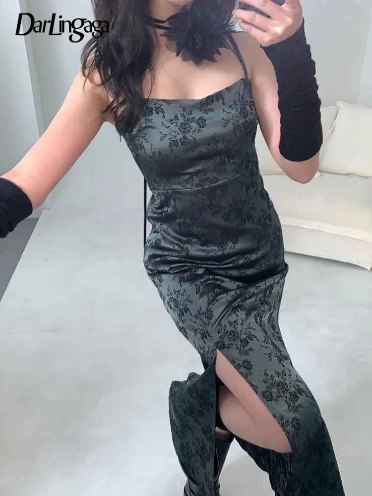 

Darlingaga Y2K Vintage Jacquard Strap Floral Print Long Dress Elegant Side Split Party Sundress Chic Summer Female Dress Outfits