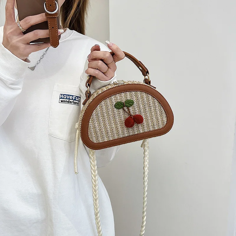 

Women's Bag New Summer Straw Bag Cute Little Cherry One-shoulder Messenger Ethnic Style Semi-circle Saddle Bag Beach Holiday