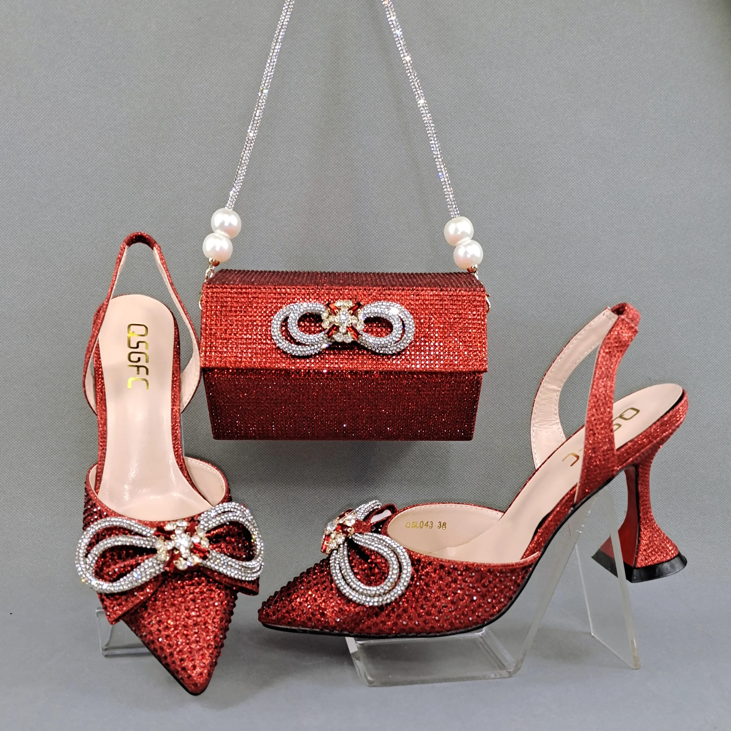 

QSGFC Red Color Pointed Wine Glass Heel Design Ladies Shoes Wedding Party Shoes Bag Friend Reunion Shoes With Bag