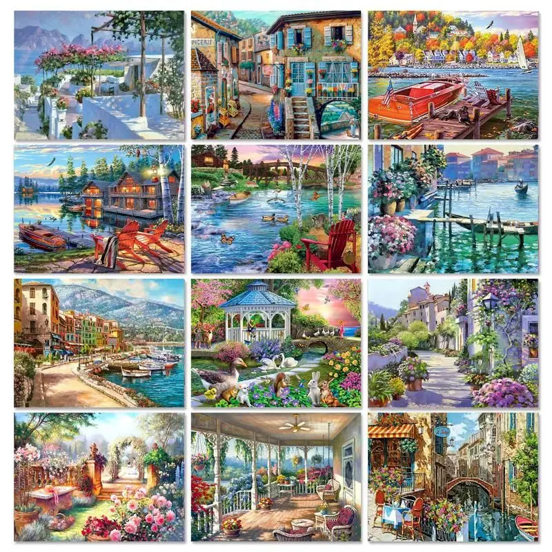 

GATYZTORY Oil Painting House Drawing On Canvas HandPainted Art Gift DIY Pictures Coloring By Number Kits Home Decoration