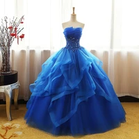 royal blue princess ball gowns prom dress tiered tulle beads strapless girl quinceanera gowns floor lenth formal evening dresses